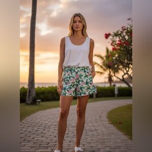 LOFT Tropical Leaf Print High-Rise Linen Blend Shorts Elastic Waist Med Pockets